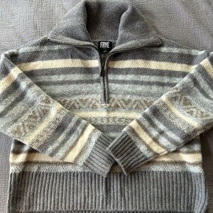 Frye Women's Gray and Cream Striped Half Zip Sweater